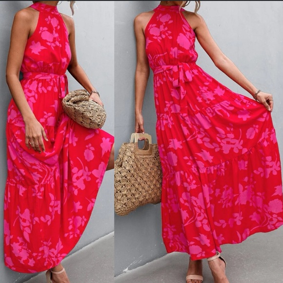 Boho pint floral print belted halter maxi dress - Picture 4 of 5